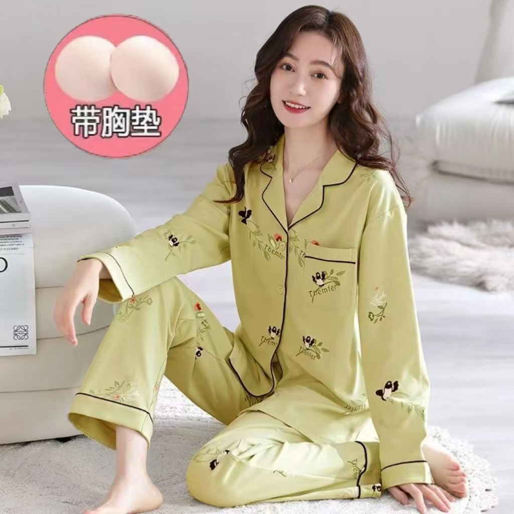 Pijama de otoño de primavera y otoño de algodón de verano con cojín de pecho anti-protuberancia pantalones de manga larga cardigan de alta calidad ropa para el hogar