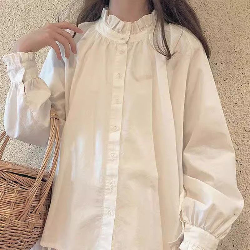 Spring and Summer New Korean Style Japanese Style Lace Collar Student Loose Lantern Sleeve White Shirt Bottoming Top for Women