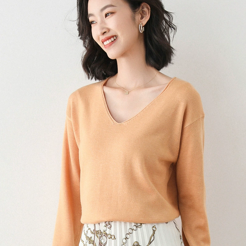 Women's Polyester Pullover (Brand) Slim Long-Sleeve Sweater, Round & V-Neck, Commuting Style