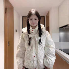 韩系波点蝴蝶结棉服外套女2024年冬季新款甜美学生加厚棉衣面包服