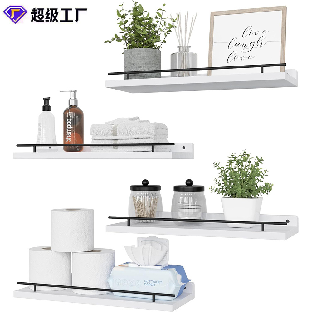 Estante de partición flotante de madera con metal negro barandilla pared estante decorativo baño artículos de tocador rollo de papel rack de almacenamiento