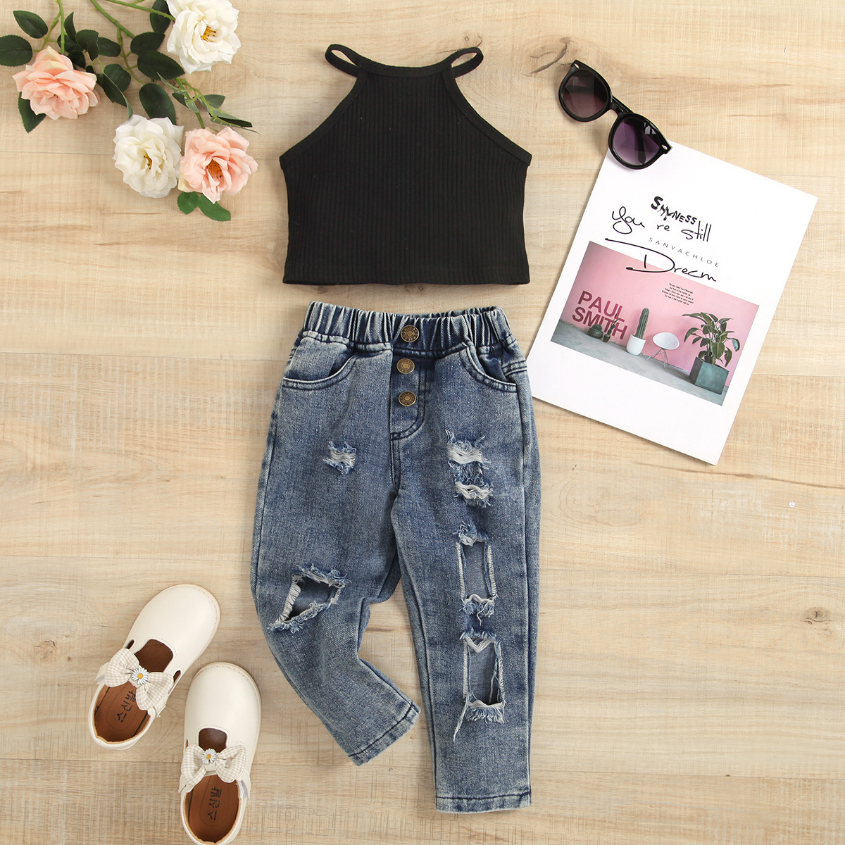 European and American Cross-border Children's Wear Girls Summer Pit Solid Color Sleeveless Shoulder Pullover Ripped Denim Pants Two-piece Set