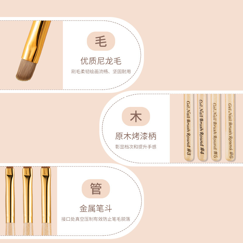 美甲笔圆头光疗笔排笔凝胶笔木杆金属笔带盖彩绘笔刷美甲笔刷套装
