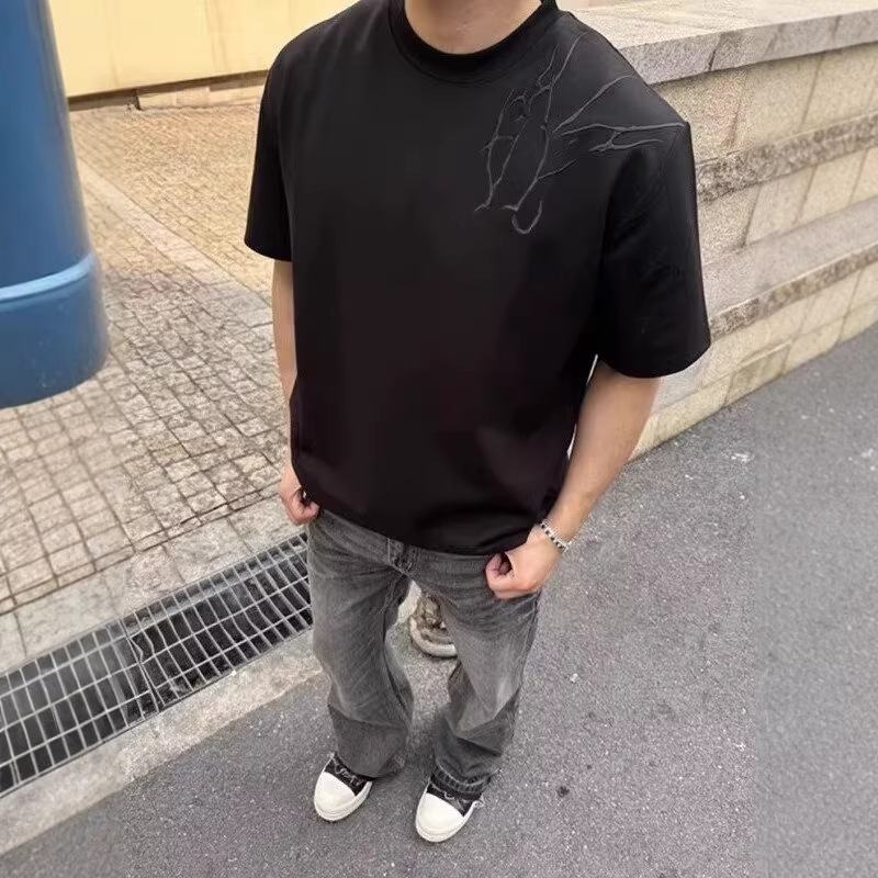 外贸设计美式潮牌小众暗纹闪电刺绣T恤夏季重磅圆领复古高街短袖