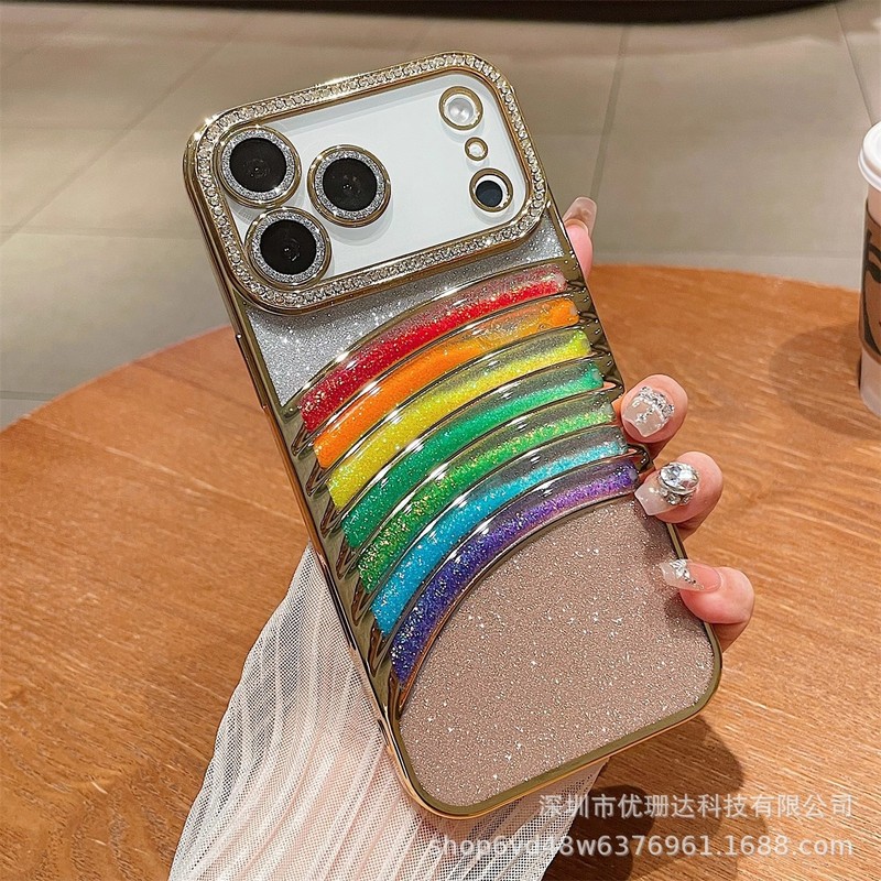 适用iPhone17promax立体流沙彩虹手机壳苹果16闪钻电镀全包保护套|undefined