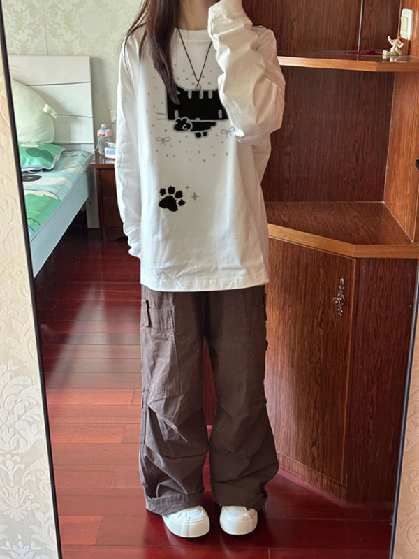 白色长袖t恤女秋2025新款宽松慵懒风外穿内搭打底衫上衣服|undefined