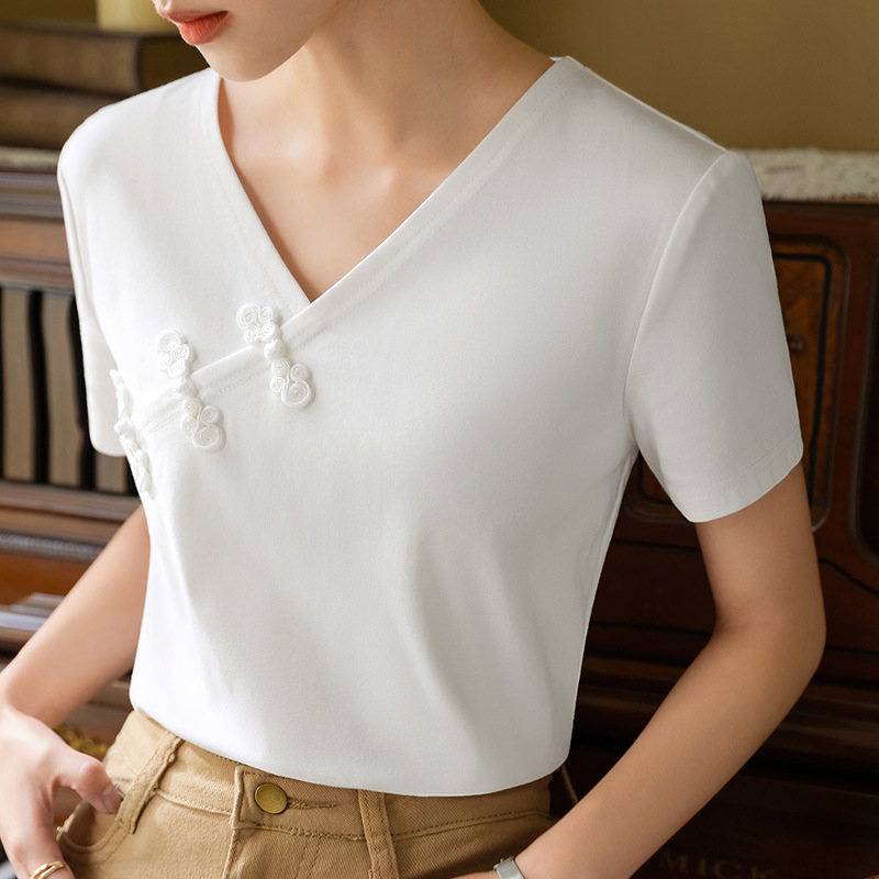 Camiseta de manga corta para mujer verano 2023 Nueva Camiseta de algodón con cuello en V de clavícula abierta para mujer Top retro chino con hebilla image 3