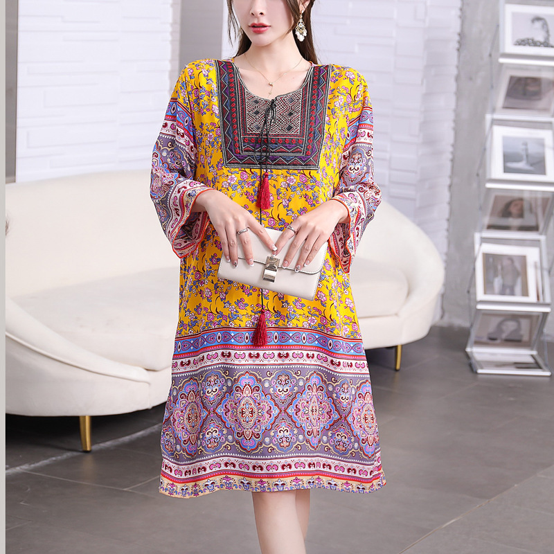 タイ風Aラインコットンワンピース、夏向け、クロスボーダーコットンシルクワンピース、アーティスティックレトロエスニック風婦人服