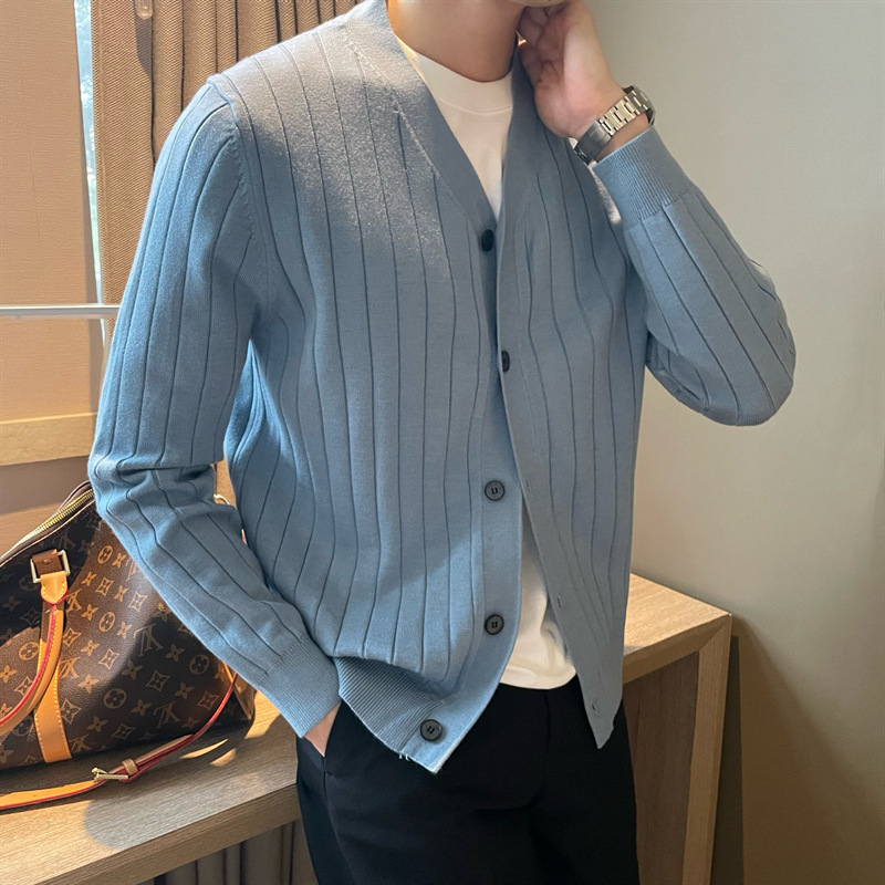 2023 new knitwear men's spring and autumn trendy solid color top youth thin business casual sweater cardigan