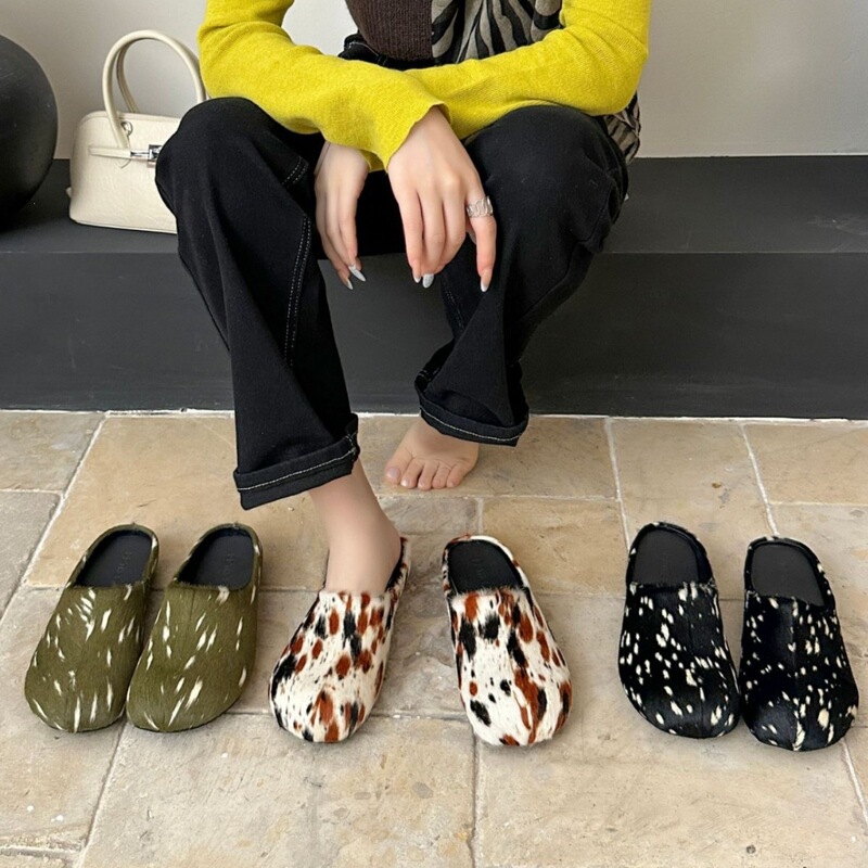 Baotou leopard print furry slippers for women, outdoor wear, 2026 autumn and winter new style, flat-soled slip-on thick-soled half slippers for women Baotou leopard print furry slippers for women, outdoor wear, 2026 autumn and winter new style, flat-soled slip-on thick-soled half slippers for women
