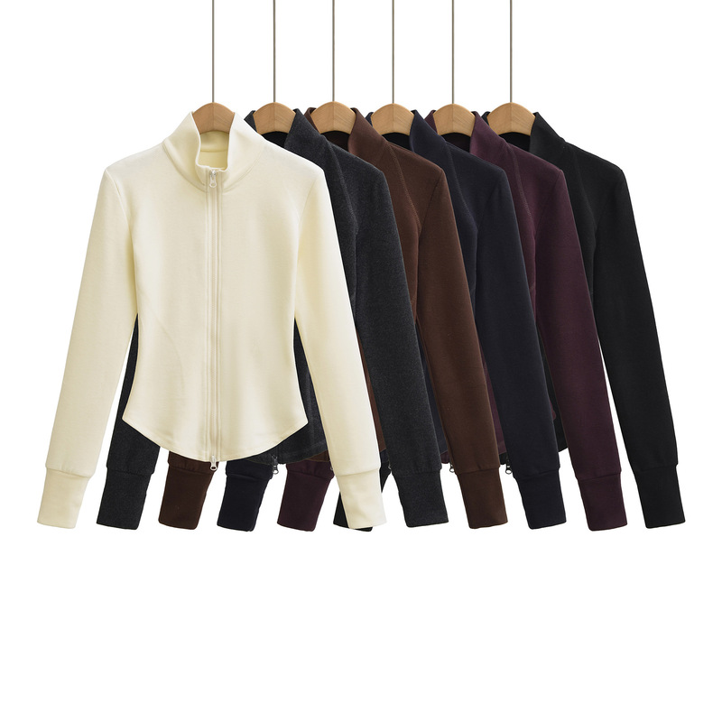 Double Zipper Sports Jacket for Women, Spring and Autumn Season, Stand Collar, Slim Fit, Fingerless Yoga Top, Casual Fleece Cardigan, Base Layer Shirt