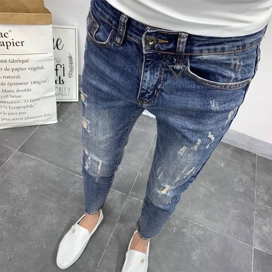 2024 New Blue Ripped Jeans Men's Summer Trendy Scraped Beggar Men's Slim-fit Foot Cropped Pants