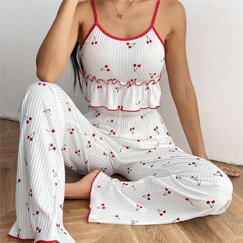 Cross-Border European and American Ribbed Camisole Trousers Printed Pajamas Women's Casual Sexy Home Wear Two-Piece Suit for Women