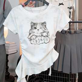 亚马逊中大女童夏季猫咪印花扎染短袖新款T恤设计不规则荷叶上衣