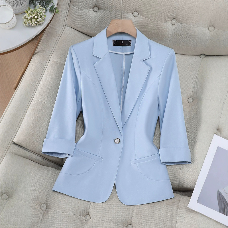 Summer New Style Women's Mid-Sleeve Blazer, Popular Light Blue Slim-Fit One-Button Thin Suit Jacket