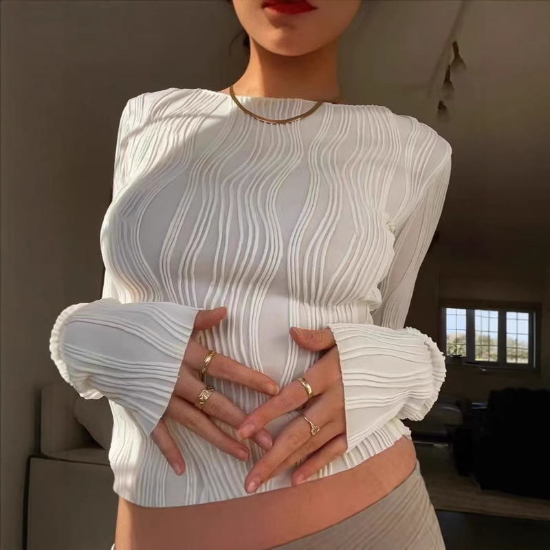 Simple Cool Solid Color Mesh Pattern Long-sleeved T-shirt 2024 Winter New All-match Round Neck Slim-fit Pullover Top Simple Cool Solid Color Mesh Pattern Long-sleeved T-shirt 2024 Winter New All-match Round Neck Slim-fit Pullover Top