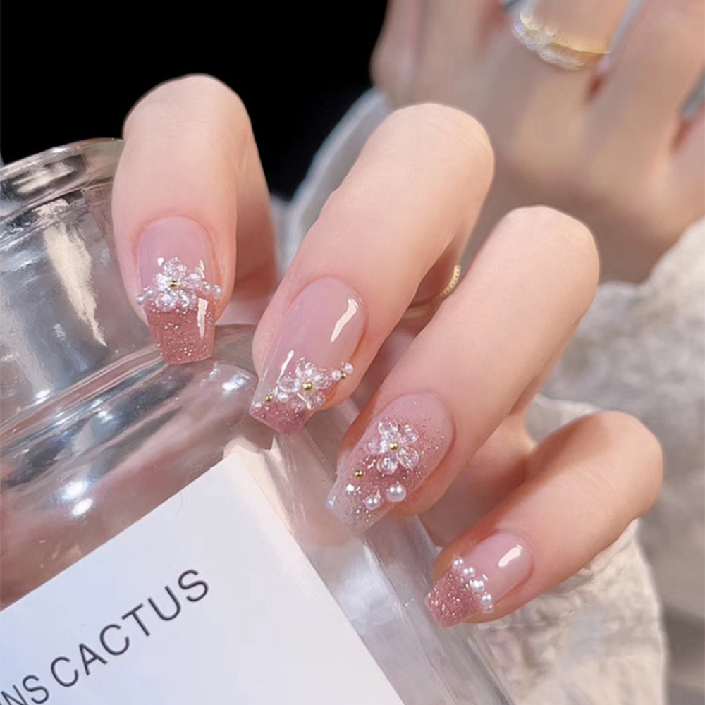 Polvo marrón de perla de flores de manicura suave polvo de brillo de hadas para usar uñas cortas 24 piezas de parche de uñas terminado