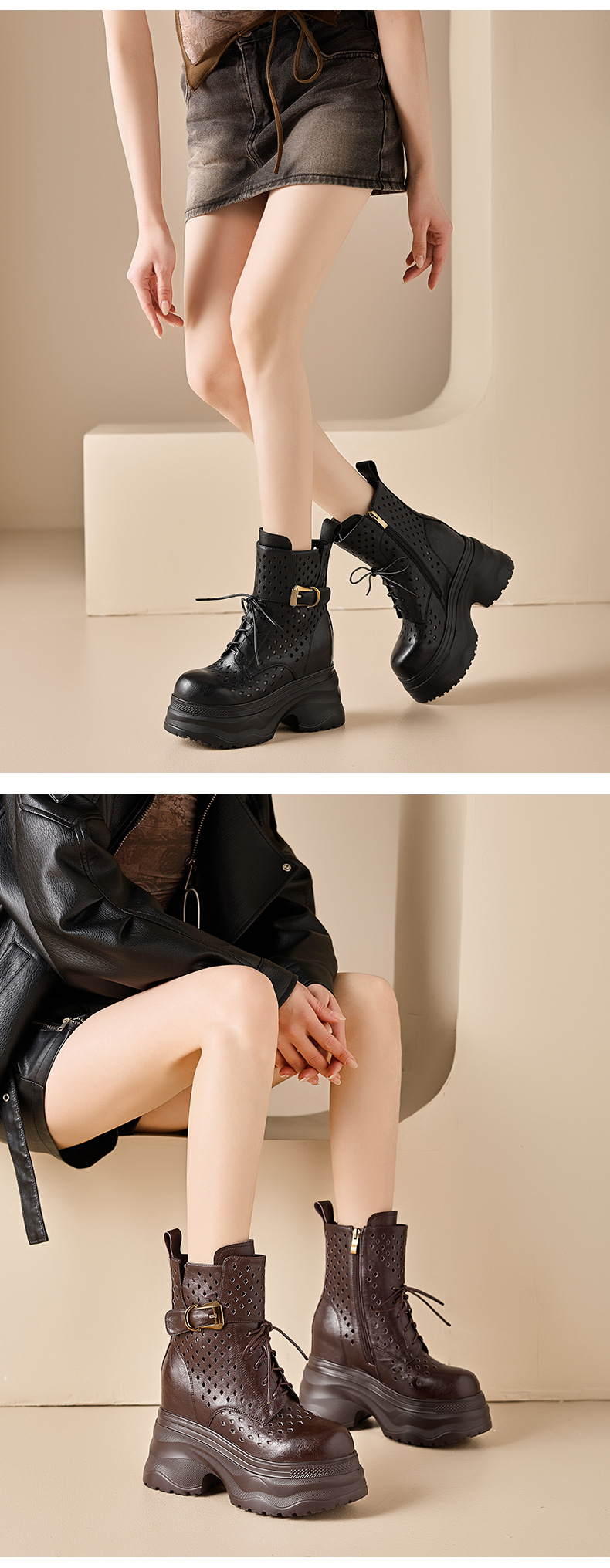 Boot nữ cổ cao ôm bắp chân đế platform gót 12 cm, phong cách hầm hố — màu nâu, màu đen chi tiết 8