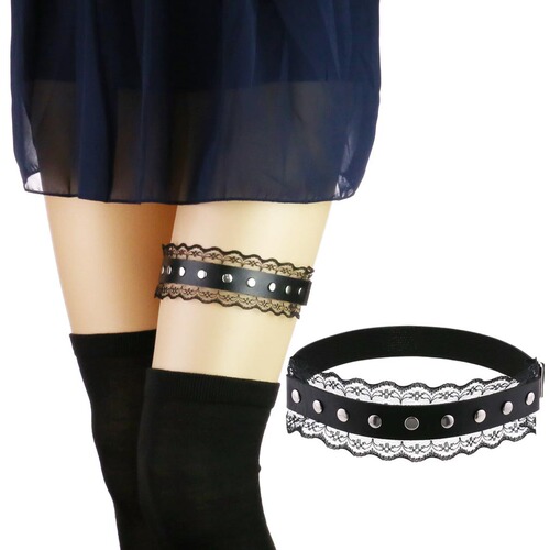 European and American simple temperament sexy aesthetic punk style lace leather thigh ring rivet elastic sweetheart garter belt