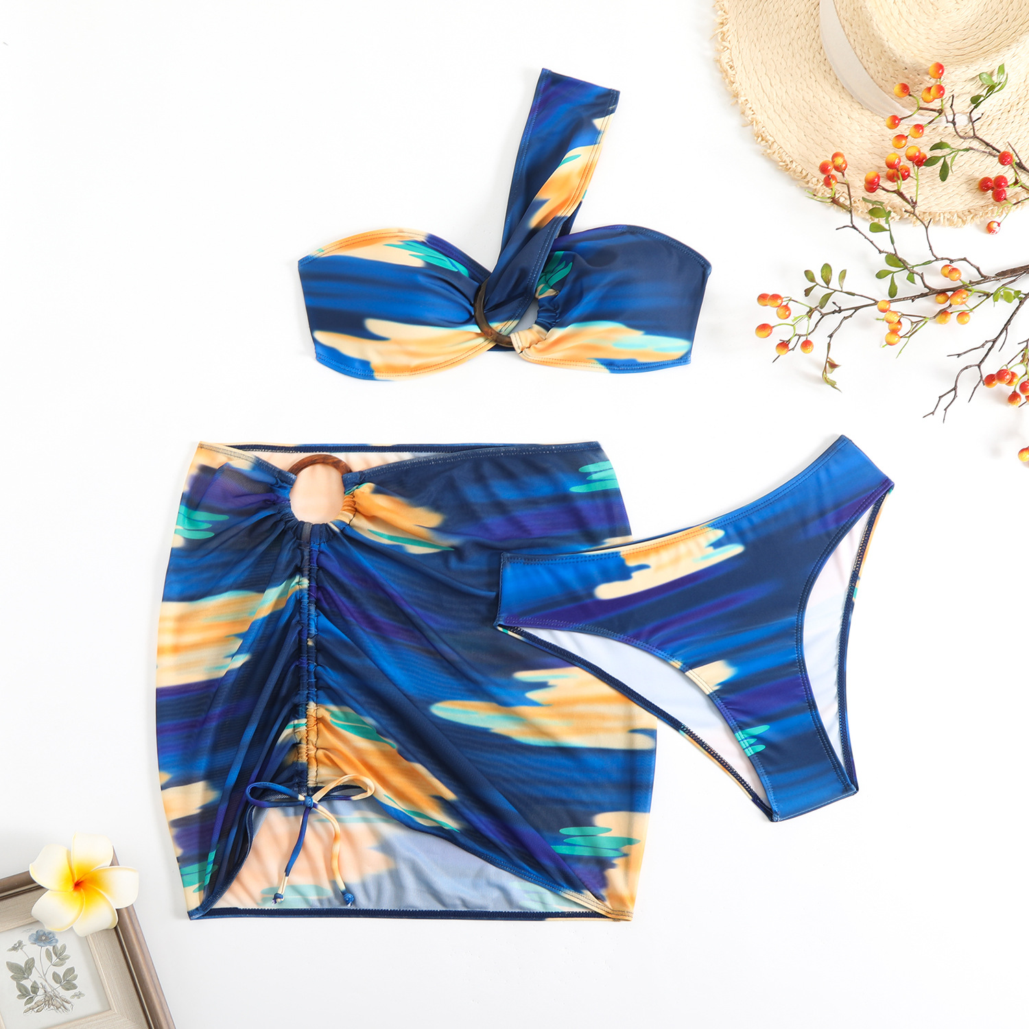 140g Weight Sleeveless Sleeve Length Polyester Fabric Type 3 Pieces Set Quantity Swimming Occasion One Shoulder Neckline Skinny Fit Type Colorful Pattern Women's Gender Sexy Style Women's Sexy Colorful 3 Pieces Set Bikinis Swimwear 16