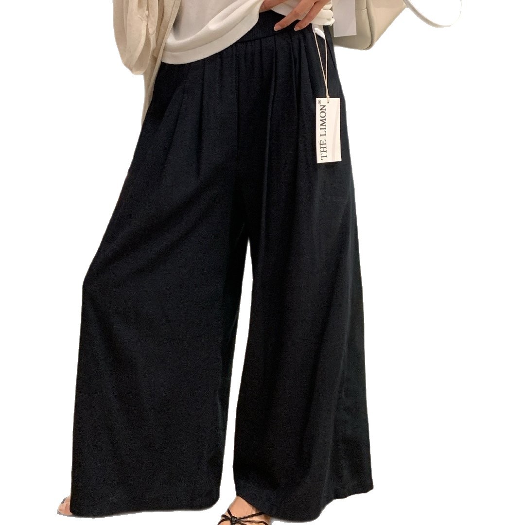 Quần ống rộng nữ vải linen phối cotton dáng suông mùa hè — Xám gạo, Xanh xám nhạt, Xanh đen, Cam bí ngô