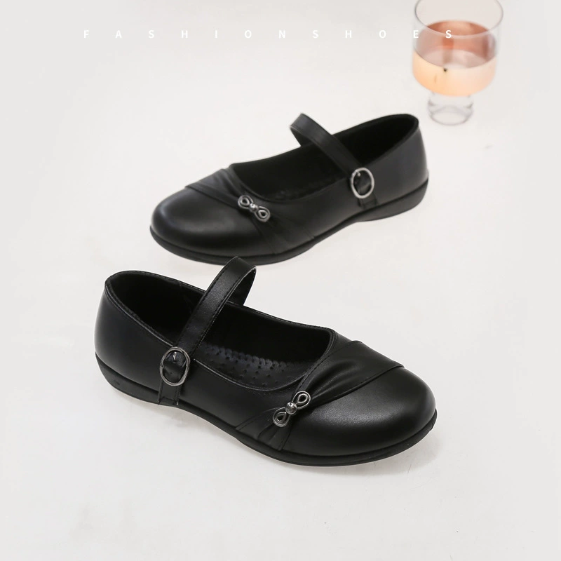 Женские черные кожаные туфли, бабушкины туфли, студенческие туфли с квадратным носком, однорядная пряжка, детские модельные туфли среднего и большого размера, нескользящие кожаные туфли на плоской подошве.