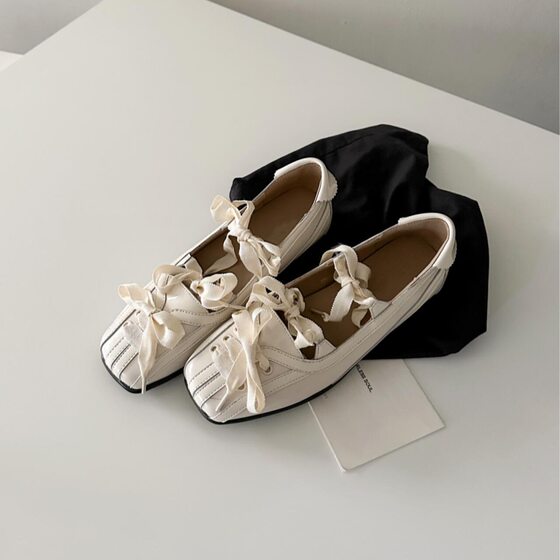Cowhide Version ~ Retro Square Head Design Ballet Shoes Women's Bow Shallow Mouth All-match Single-layer Shoes New Style Flat Shoes for Outer Wear