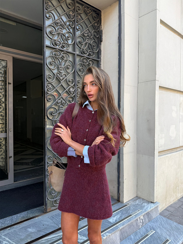 Bộ áo len cardigan dáng rộng và chân váy ngắn ôm nữ phong cách Âu Mỹ, chất liệu len pha mềm mại — Màu trắng, Màu đỏ thẫm, Xanh đậm, màu xám chi tiết 29