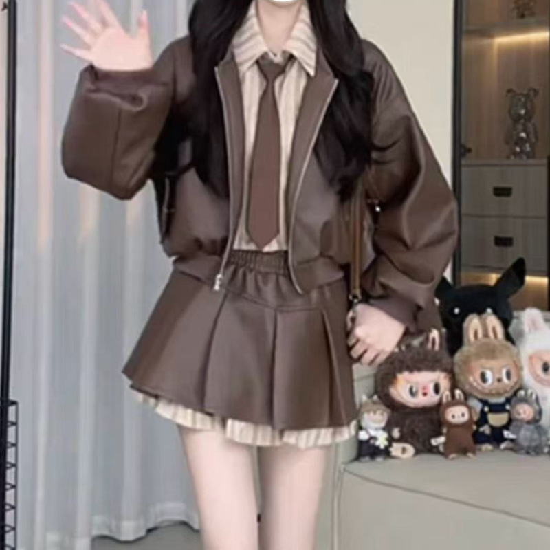 秋季新款设计感衬衫拼接皮衣外套显瘦半身裙三件套半裙裙子套装女|undefined