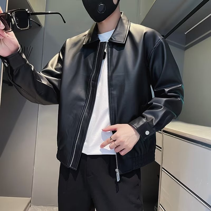 Ruan Shuai hombres ropa de motocicleta solapa chaqueta de cuero 2023 nuevo abrigo de cuero de los hombres de la marca de moda de los hombres de otoño e invierno