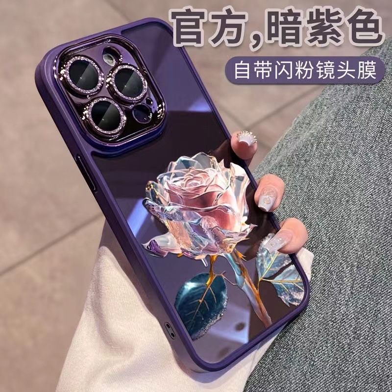 闪粉镜头膜iphone15promax手机壳全包苹果14暗紫色玫瑰花13硬壳11