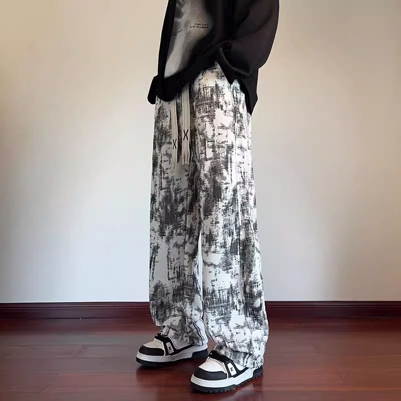 秋季复古休闲裤男生运动高街直筒男士扎染裤子美式宽松潮牌长裤子|undefined