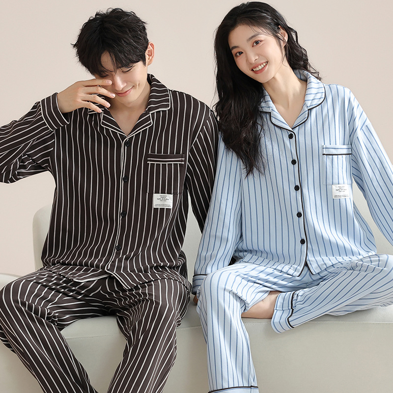 Algodón puro pareja pijamas de las mujeres del otoño nuevo simple chica lycra algodón manga larga vestir prendas exteriores desgaste los hombres traje