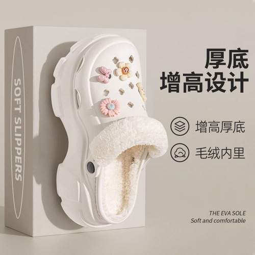 Women's Winter New Fleece-lined Pothole Shoes with Removable Inner Liner, Thick Sole, Heeled Office Slippers for Outdoor Wear