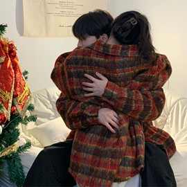 结婚登记领证情侣装秋冬季复古格纹棉衣外套男女冬装宽松韩版夹克