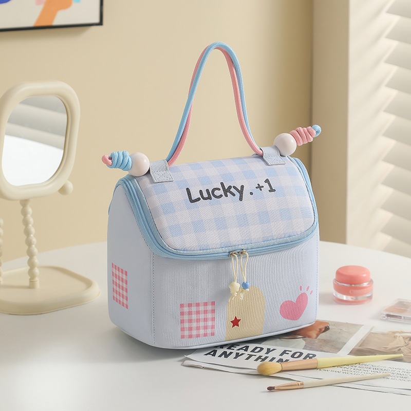 Casa pequeña encantadora bolsa de maquillaje de dopamina color de gran capacidad de partición de almacenamiento de viaje bolsa de almacenamiento portátil bolsa de mano