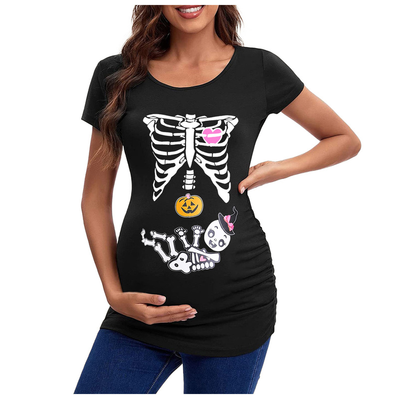 Black Loose Summer and Autumn European and American New Ghost Head Skull Halloween Maternity Top Spoofs European and American T-Shirt Black Black Loose Summer and Autumn European and American New Ghost Head Skull Halloween Maternity Top Spoofs European and American T-Shirt Black