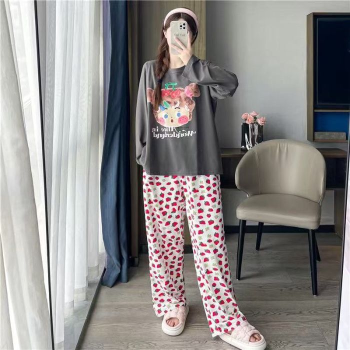 Cross-Border Wholesale Spring and Autumn Imitation Cotton Comfortable Pajamas for Women New Two-Piece Set Long-Sleeved Trousers Loose Home Clothes Can Be Worn Outside