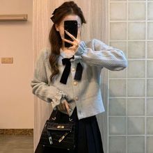 2024年秋冬季新款圆领毛衣蝴蝶结针织开衫钉珠小香风洋气女款上衣