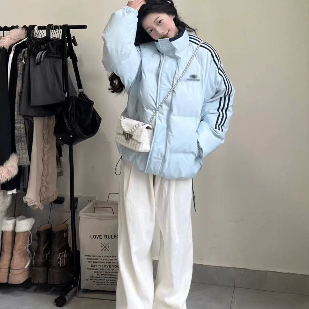 美式高级感条纹立领棉服外套女冬季新款学生街头潮牌棉衣面包服