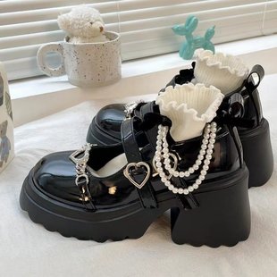 British Style Black Small Leather Shoes for Women 2025 New Thick-Soled Height-Increasing Loafers Fashionable Versatile Beaded Thick-Heeled Shoes