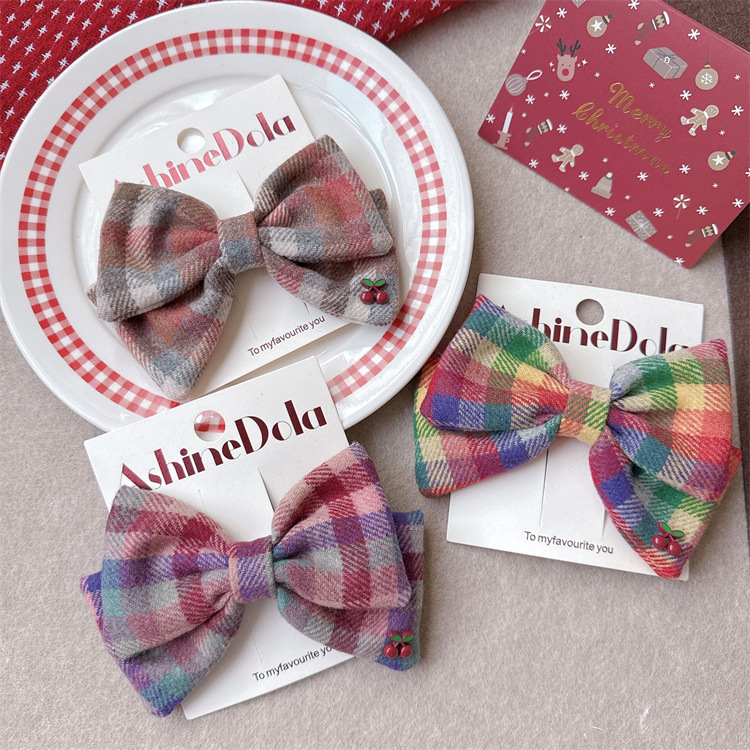 New style children's large checkered bow hair clip vintage sweet girl hair clip for nape top hair accessory for parents and children