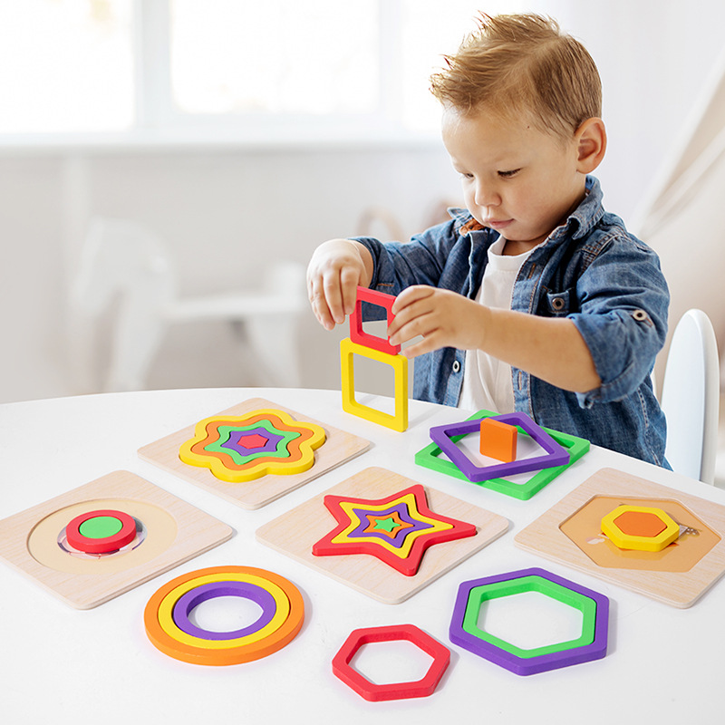 Montessori Educación temprana Rompecabezas tridimensional de madera para niños Rompecabezas de imposición Formas geométricas Cognición Juguetes para bebés y niños pequeños
