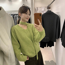 MISS密思家 秋冬韩系简约坑条厚实V领长袖保暖毛衣A06707(配腰带)