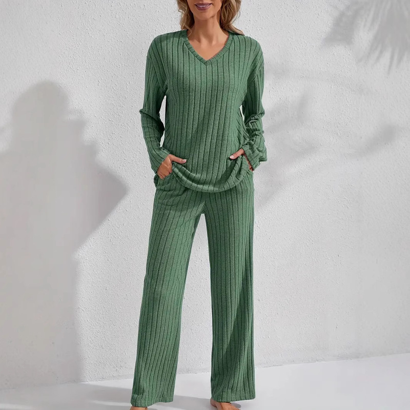 In-Stock Amazon European and American Autumn and Winter Ribbed Long-Sleeve Long Pants Casual Comfortable Women's Loungewear Set Temu Independent Site
