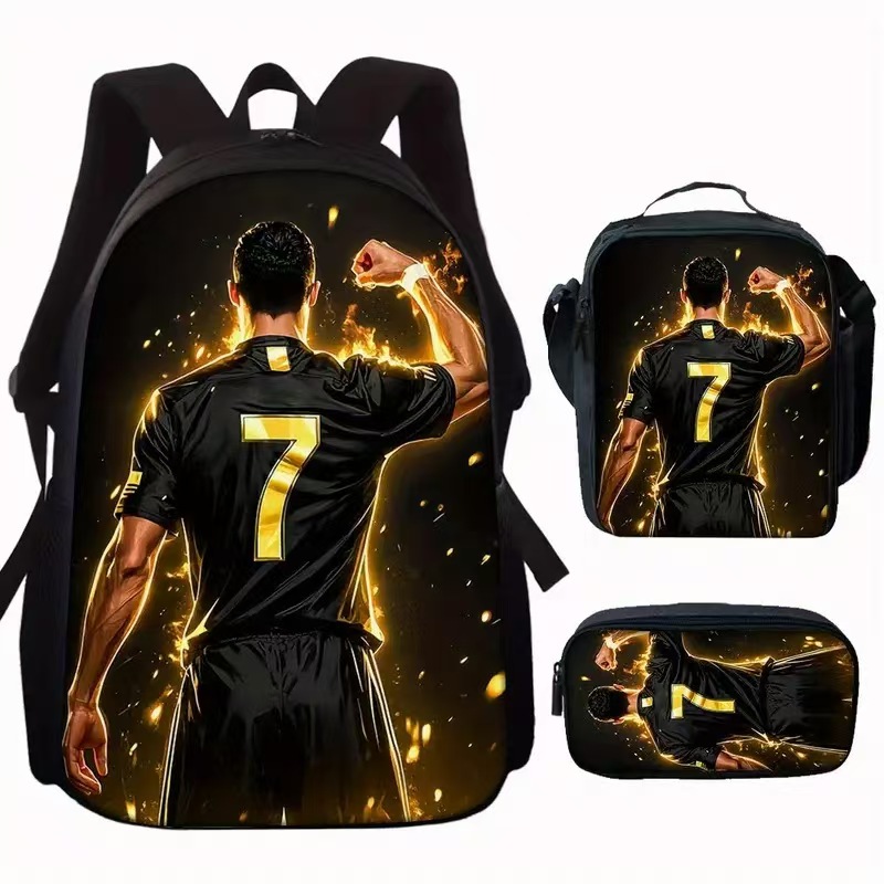 New Cristiano Ronaldo and Lionel Messi backpack set for boys, trendy and stylish backpack, pencil case, and insulated bag.
