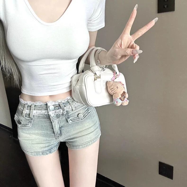 Lace Splicing Denim Shorts for Women 2025 Summer New Style Small Low-Waist Tight-Fitting Hip Slimming Look Hip-Hugging Hot Pants