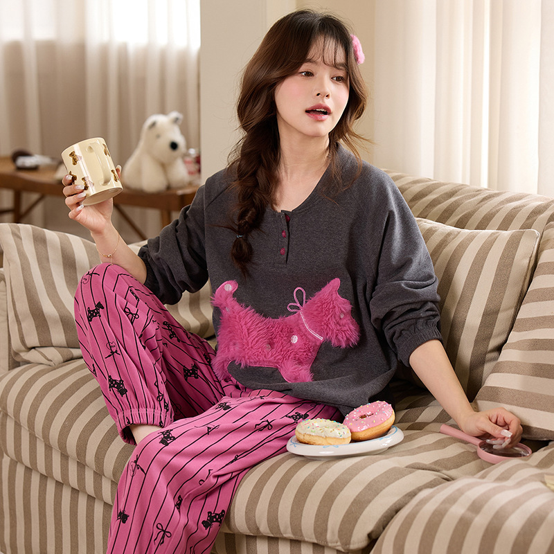 Beautiful Going-Out Pajamas for Women, Spring and Autumn, Pure Cotton with Chest Pads, Long-Sleeved, 2026 Model, Super Popular, Dog-Themed, All-Cotton Loungewear for Winter