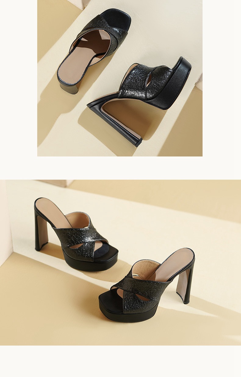 Sandal cao gót nữ hở mũi gót thô 13,5 cm — đen chi tiết 5