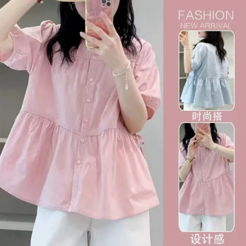 2025 Pregnant Women suit Short-sleeved Cotton Shirt Summer Cyber Celebrity Elegant Age-reducing Doll Shirt Pure Cotton Denim Shorts